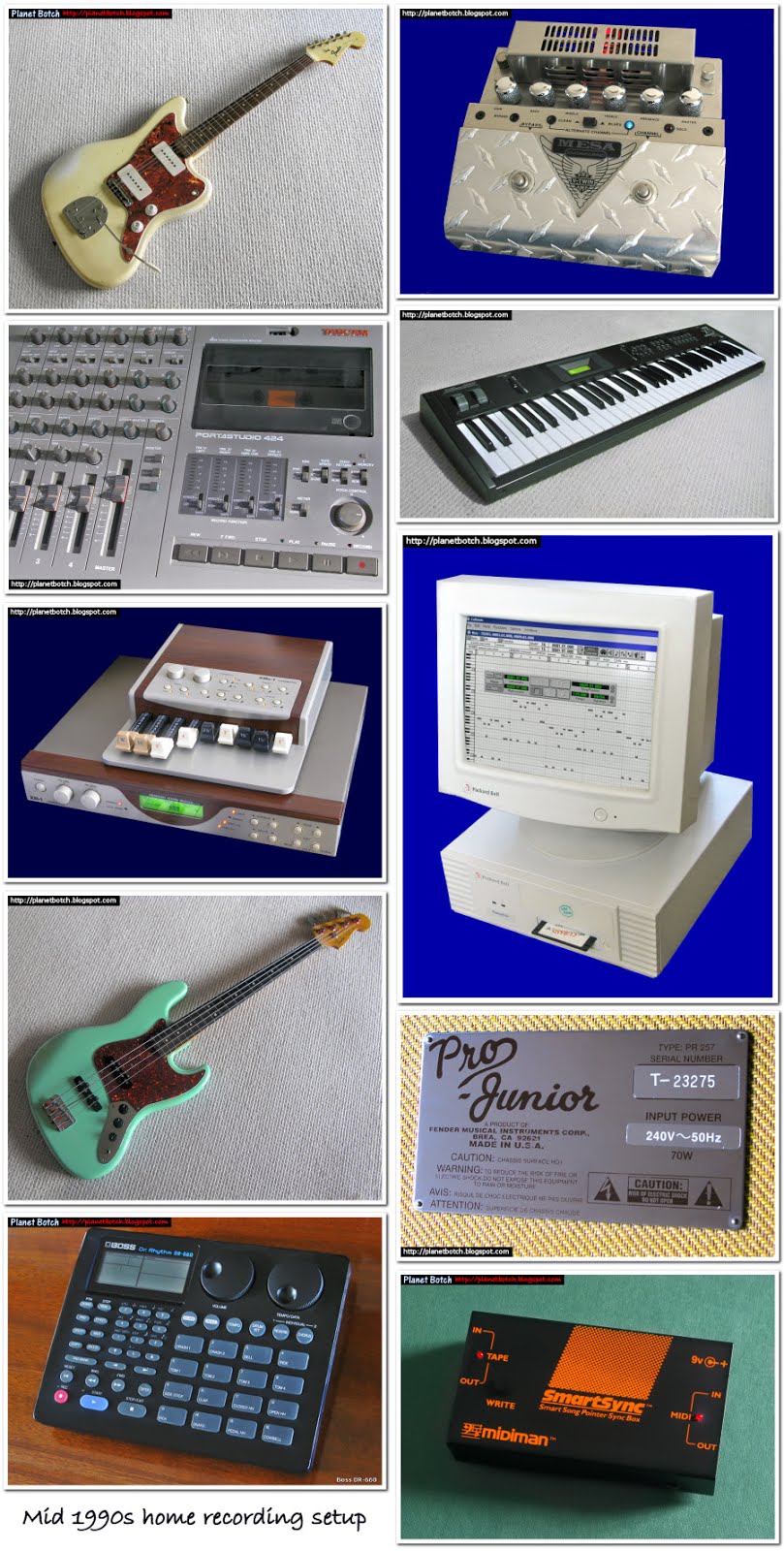 Начиная сверху слева и 'читая' вышеприведенные фотографии как книгу, инструменты и устройства: оригинальная гитара Fender Jazzmaster 1965 года, Mesa V-Twin клапанный предусилитель для гитары, кассетный магнитофон Tascam 424 Portastudio, цифровой синтезатор Korg X5, органный модуль Hammond XM1, Packard Bell 80486 PC под управлением Cubasis MIDI, Fender Japan Jazz Bass, клапанный комбинированный усилитель для гитары Fender Pro Junior, цифровая ударная установка Boss DR-660, синхронизация Smartsync MIDI. Я также использовал микшер Samson Mixpad, FX-процессор Boss ME-5 и пару микрофонов Sennheiser - один для вокала и один для гитары. Я освоил аудиокассету с высоким током подмагничивания, используя стереокассетную деку Yamaha K-340.